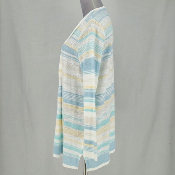 J Jill Sweater Petites MP PM White Blue Stripe Cardigan Cotton Open Front New - Picture 14 of 16